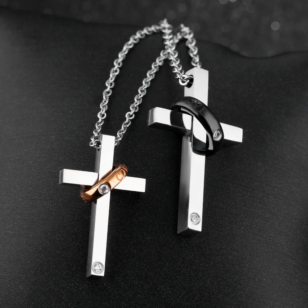 

one pair of Lover design Stainless Round crystals cross Pendant Necklace couple Jewelry