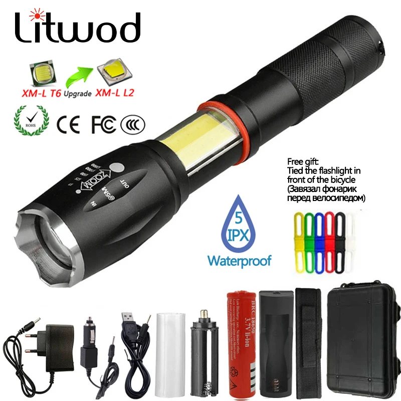 Litwod Z201005A Led flashlight torch 8000LM XML-L2 / COB Multifunction lantern flashlight tail magnet For Riding light