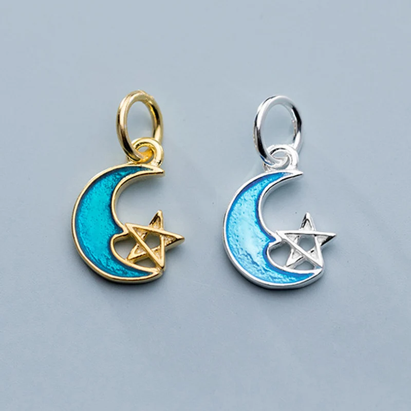 Cute Drop Glue Blue Moon&Star Cartoon Charms 925 Sterling Silver Fine Dangle Pendants DIY Jewelry Making Accessories Supplier