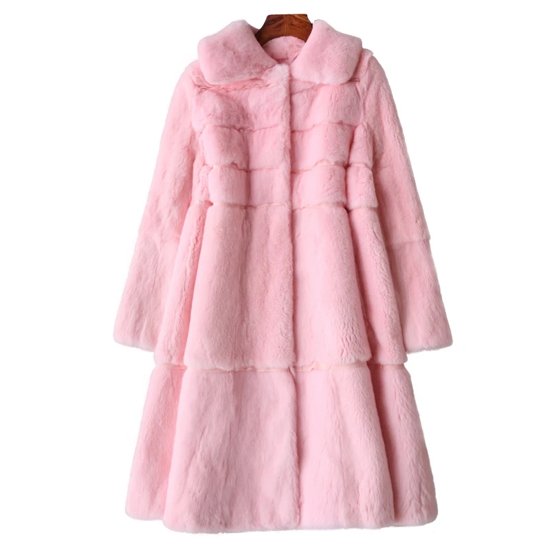 

Korean Style Lady Real Rabbit Fur Coat Jacket Turn Down Collar Autumn Winter Women Fur Trench Outerwear Coats Garment VF1086
