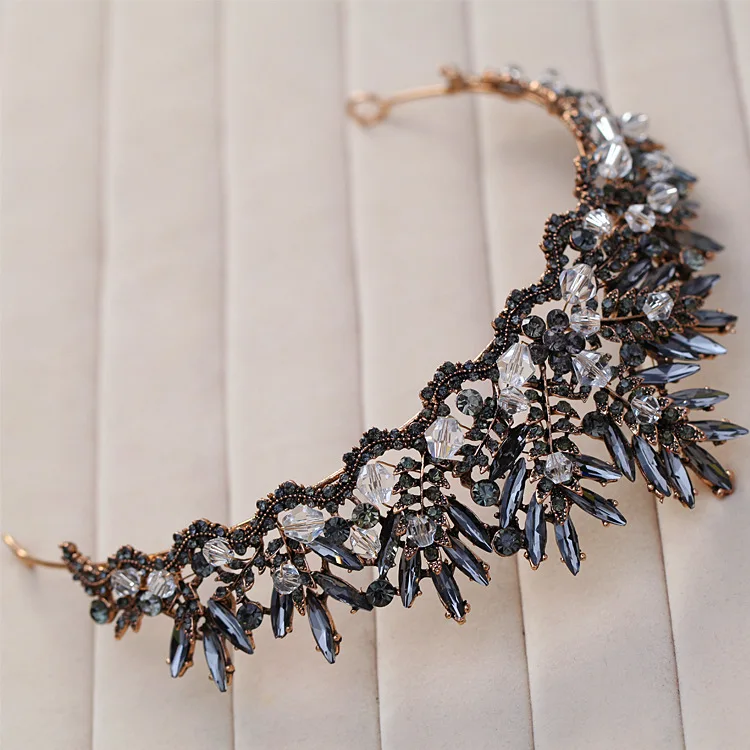 Baroque Bronze Black Crystal Beads Bridal Tiaras Rhinestone Diadem Pageant Crown for Brides Headbands Wedding Hair Accessories