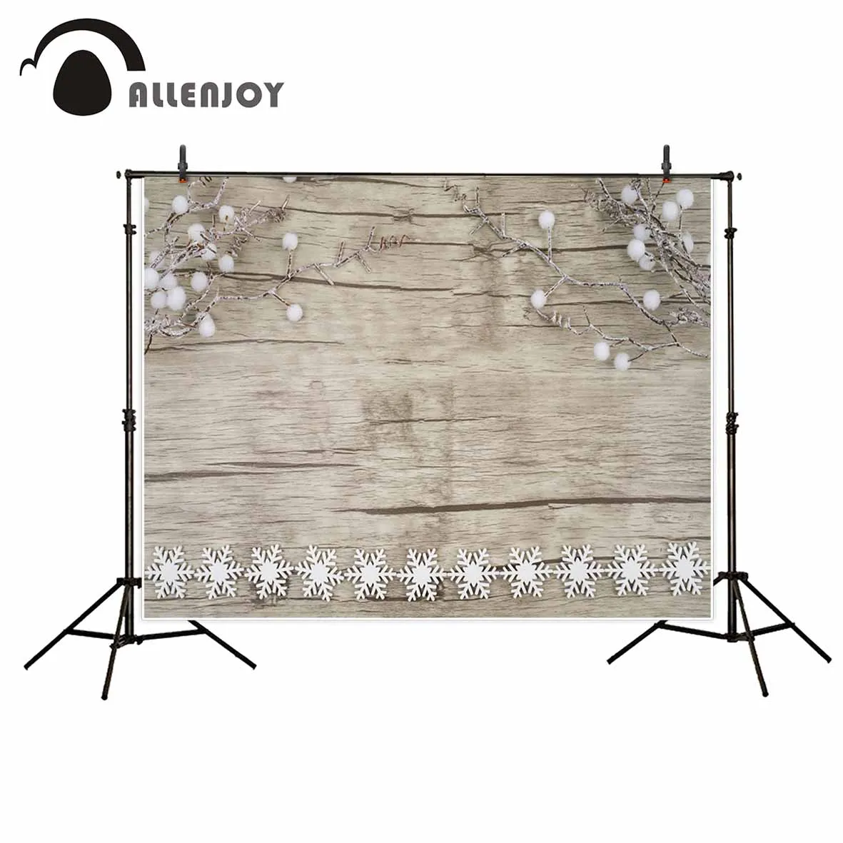 

Allenjoy Bright vintage wooden board with decorative white snow crystals branches white balls winter backdrop for photo studio