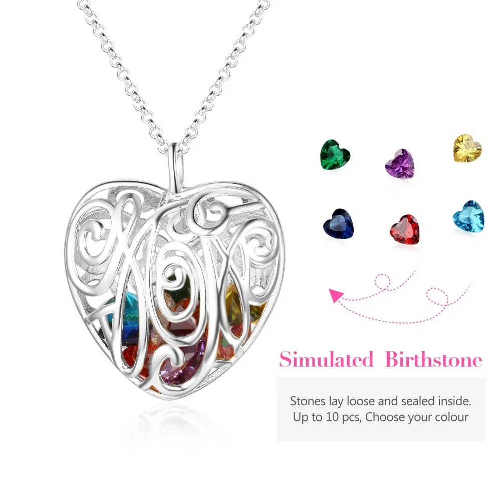 Personalized Gifts For Mom Heart Hollow Pattern With Birthstone 925 Sterling Silver Pendant Necklace Jewelry (JewelOra NE102669)