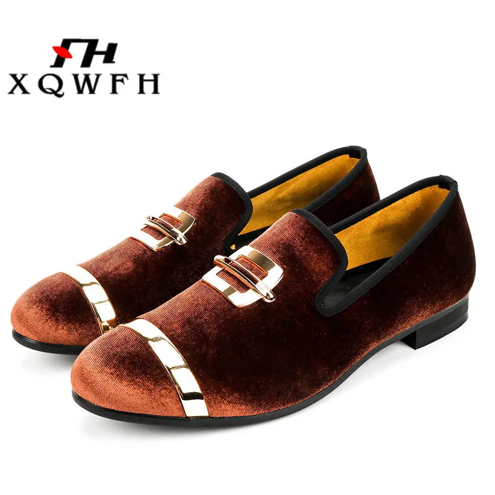 XQWFH High Quality Men Velvet Loafers Luxury Metal Buckle Wedding Dress Shoes Mens Ballroom Dance Nightclub Party Shoes Big Size