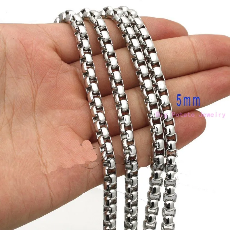 Unique 5mm Wide Silver Color Box Link Chain Stainless Steel Necklace Chain For Handsome Mens DIY Jewelry 16-40inch