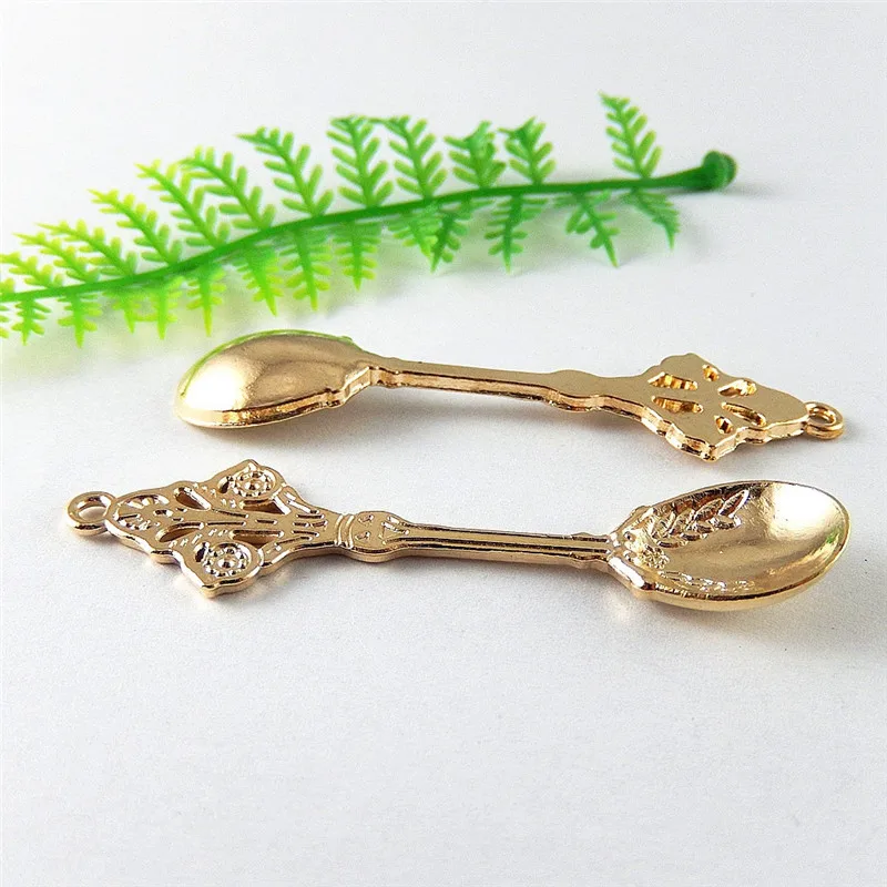 10pcs/lot Trendy Gold Color Flower Spoon Shape NecklaceNecklace Pendant 63*14mm Punk Gift Jewelry Craft Charm Accessories Fine