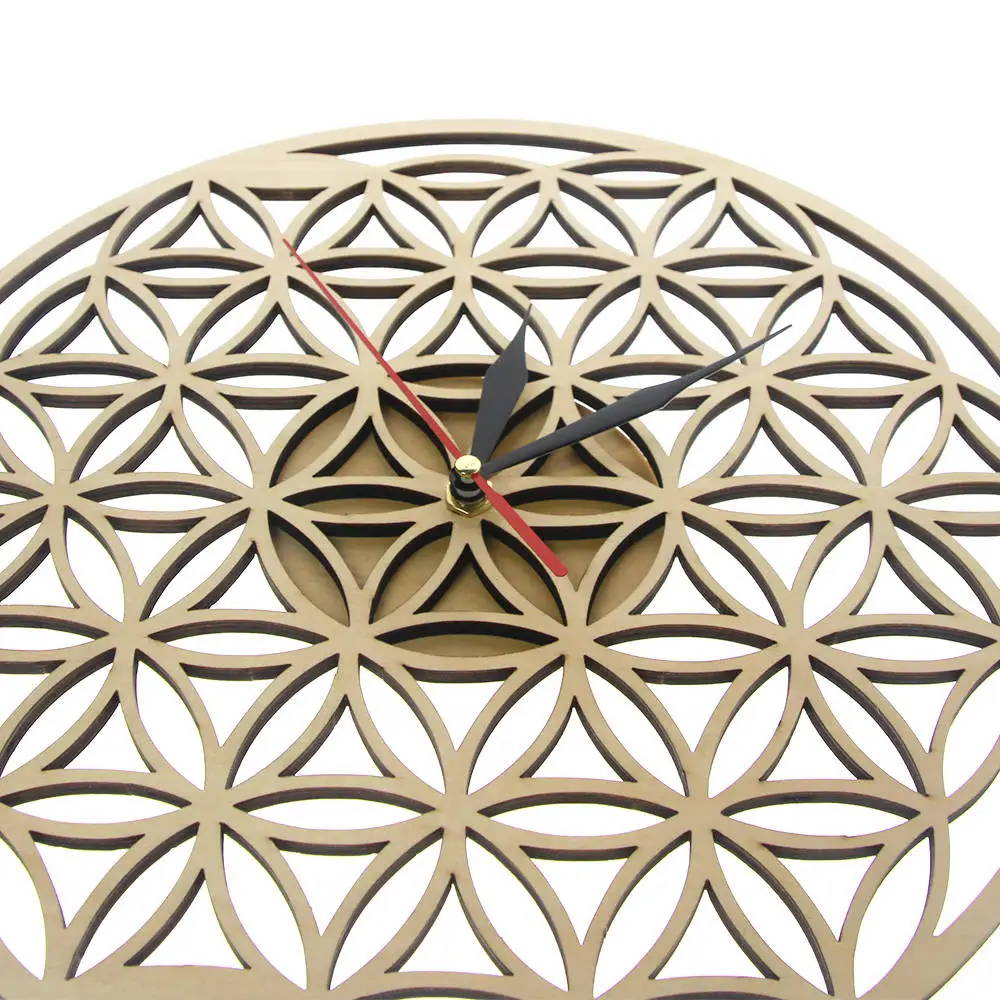 Bloem van Het Leven Kruisen Ringen Geometrische Houten Wandklok Heilige Geometrie Laser Cut Klok Horloge Housewarming Gift Room Decor