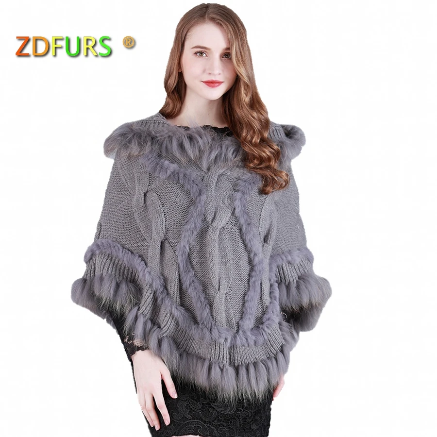 

ZDFURS * Spring Autumn Rabbit Fur Cape Knitted Fur Poncho with Raccoon Fur Trimming Women's Sweatercoat ZDKR-165009