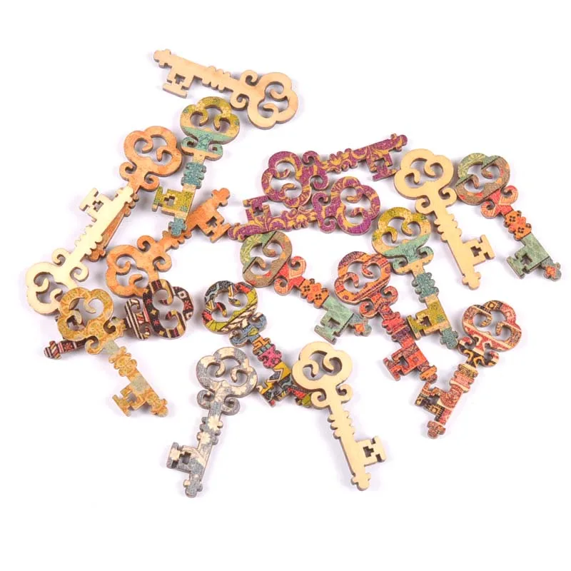 Mixed Painting Wooden decorative Key For Handmade Scrapbooking Crafts Home decoration D25pcs 16x40mm MT1971