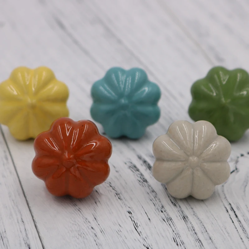 1x Rural Style Multi-color Ceramic Pumpkin Door Knob Kitchen Cabinet Cupboard Wardrobe Children Room Furniture Pulls Handles