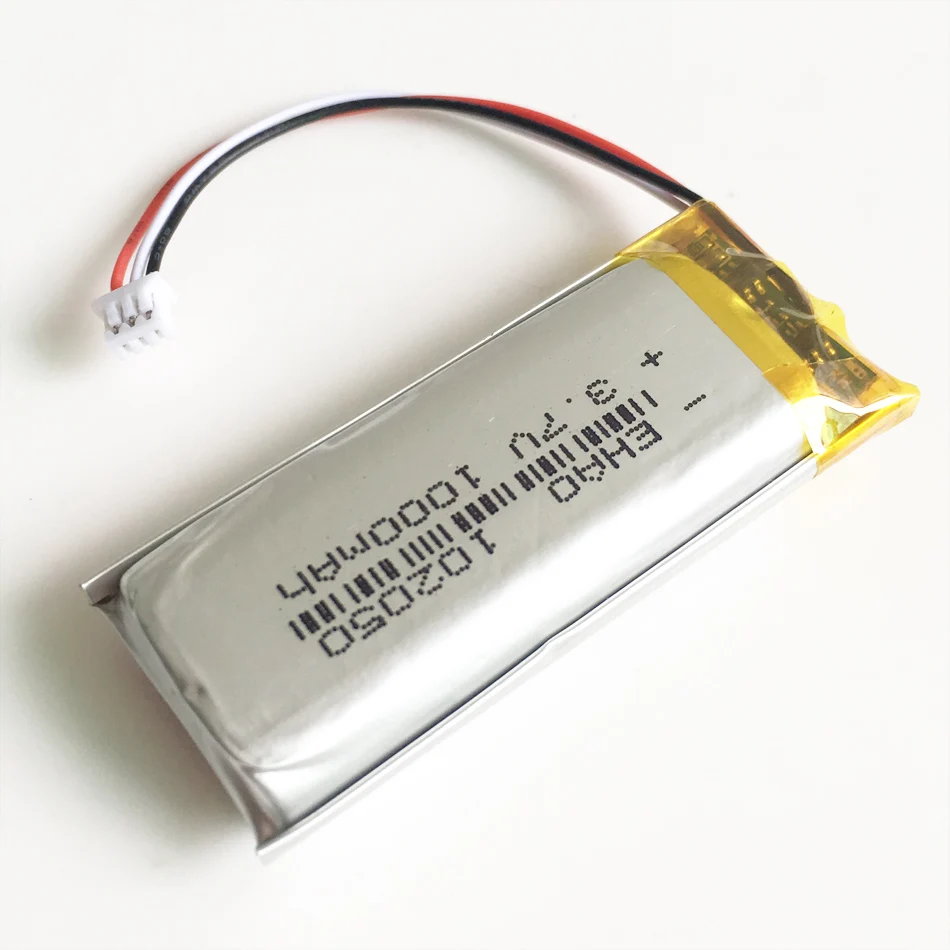 Akumulator Lipo 3,7 V 1000 mAh 102050   z wtyczką JST 3PIN 1.0/1.25/1.5/2.0/2.5 do kamery GPS z mikrofonem przewodowym