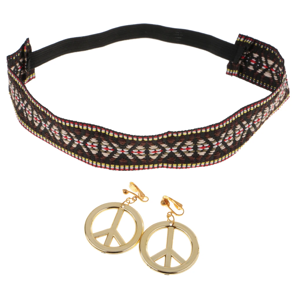 Boho Hippie Embroidered Headband and Gold Peace Symbol Earrings Headwrap Costume Headwear Accessories for Halloween Party