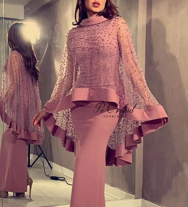 PEORCHI-vestido De noche De satén para mujer, traje elegante De lujo con perlas De capa, estilo Dubai, Glamour De La Mariee, 2019