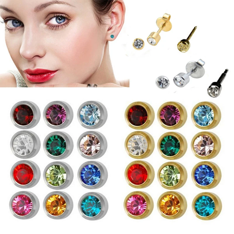 Showlove-12pairs Steel&Gold Ear Studs Piercing Earrings Mixed CZ gem Ear Studs 3mm, 4mm for you choose