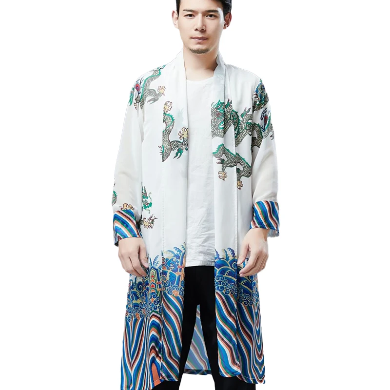 LZJN  Chinese Style Cardigan Men's Long Dragon Pattern Cardigan Kimono Thin Kimono Cardigan Chiffon Print Top Loose Coat