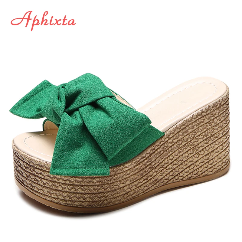 Aphixta platformy kapcie na platformie kobiety buty outdoorowe Clog Riband Butterfly-knot sandały dziewczyny Flip Flop slajdy Pantoufle Femme