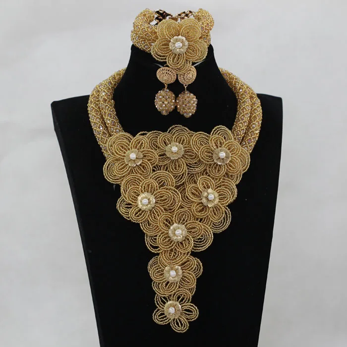 Chunky Flowers Bib Statement Necklace Earrings Bracelet Jewellery Set Splendid Gold Nigerian Wedding Beads Jewelry Set ABH519