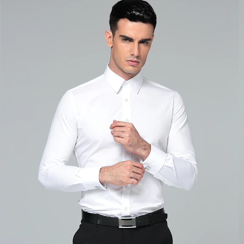 2024 New Men's Dress Shirts French Cufflink High Quality Cotton Blend Long Sleeve Solid Color Men Regular Fit Business Shirt