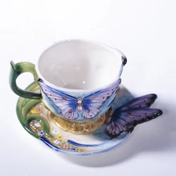 2018 Newest 3D Bone China Blue Butterfly Coffee Cup with Saucer Tea cup ceramic cup Breakfast Milk cups Best Gift For Lovers