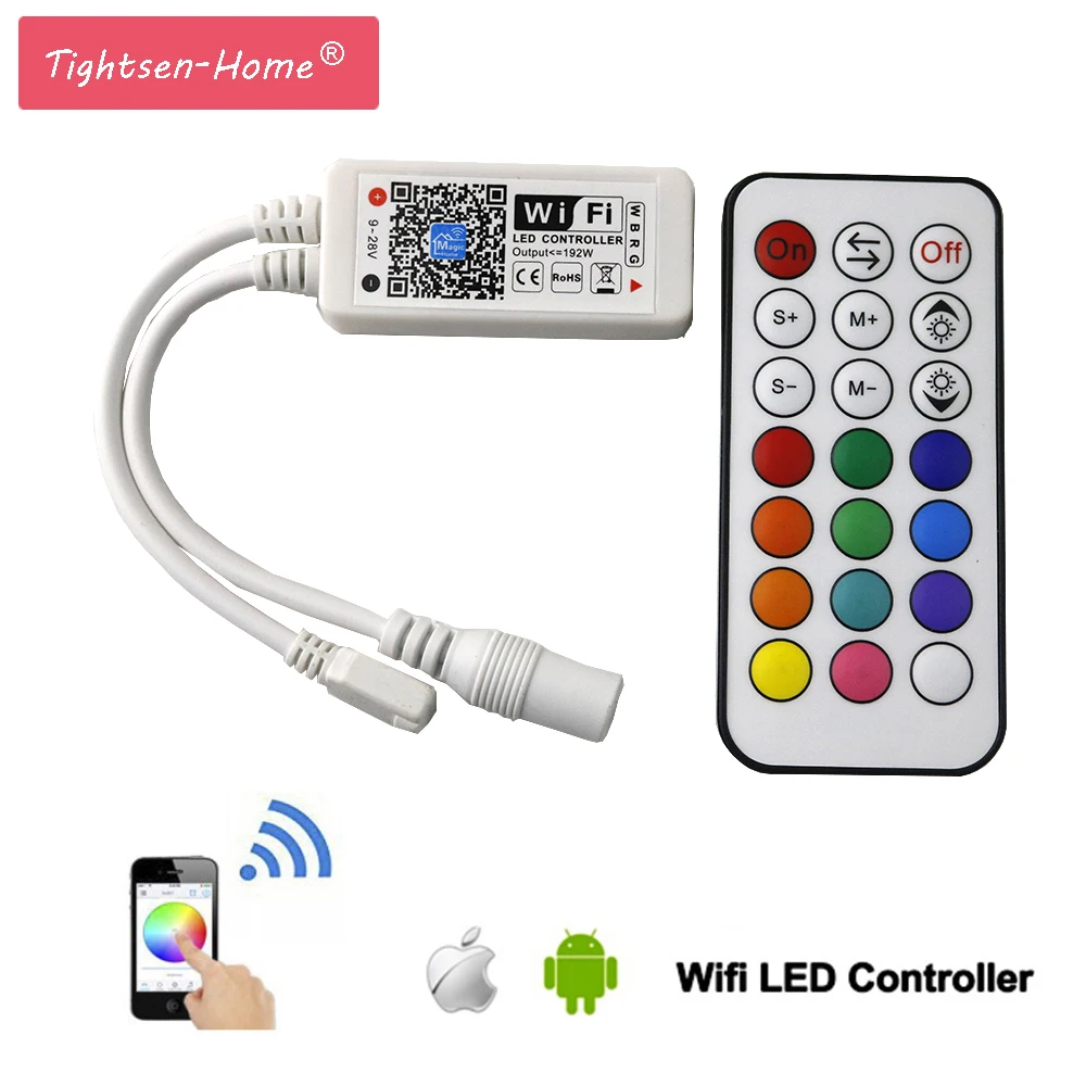 

Mini WiFi LED RGBW Controller DC9-28V iOS Android APP 21 Key RF Wireless Remote Controler for 5050 RGBW RGBWW LED Strip lights