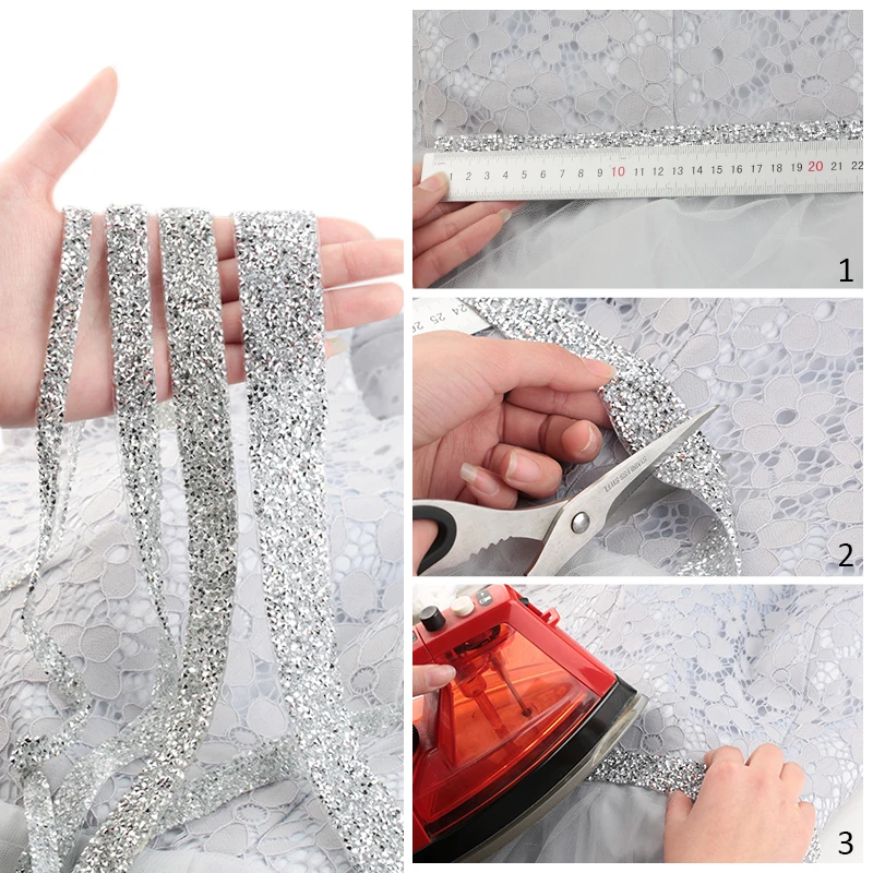 QIAO 1yard/roll 1cm 1.5cm Fashion Rhinestone Tape Trim Resin Crystal Decoration Trimming For DIY Shoes Banding Garment Hat Shiny