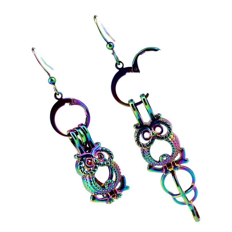 EE-C722 Rainbow Color Owl Pearl Cage Pendant Earrings Hooks with 6-9mm Plastic Beads earrings 2020