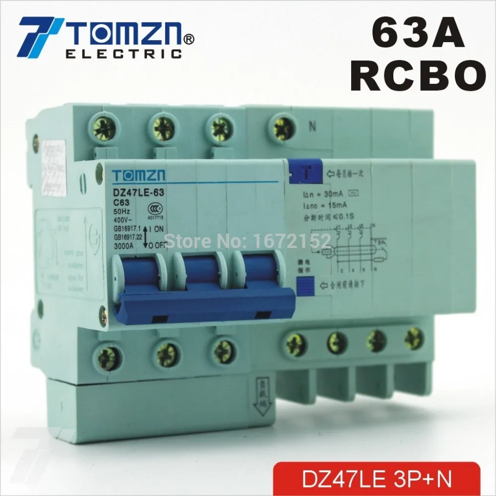 DZ47LE 3P+N 63A 400V~ 50HZ/60HZ Residual current Circuit breaker with over current and Leakage protection RCBO