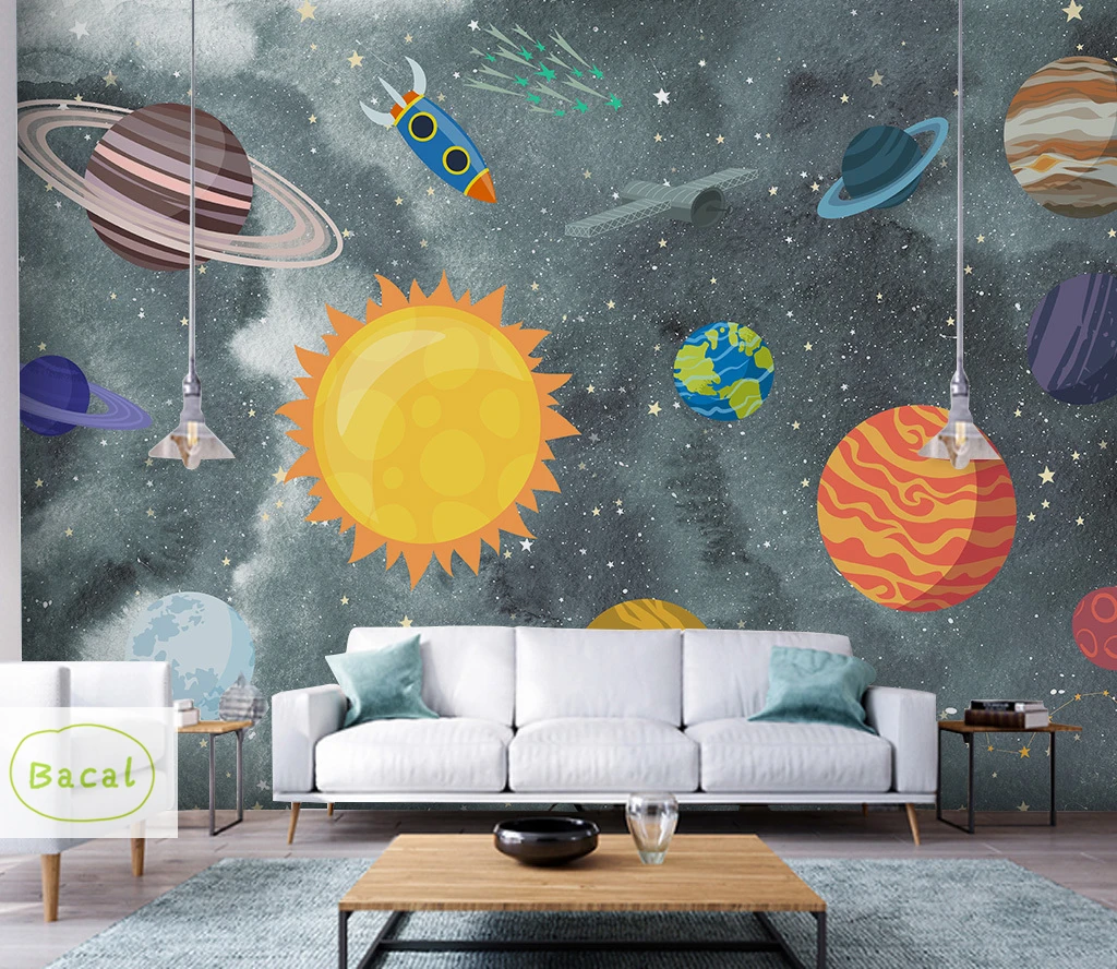 Bacal Custom 3D Photo Wallpaper Kids Bedroom Hand Painted Cartoon Universe Star Sky Planet Children Room Mural papel de pared