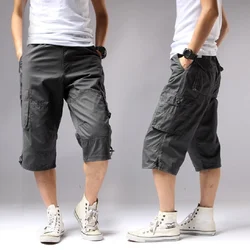 Pantalones cortos de algodón para hombre, Bermudas masculinas de longitud larga con bolsillo en la rodilla, cintura elástica, estilo militar, Capri