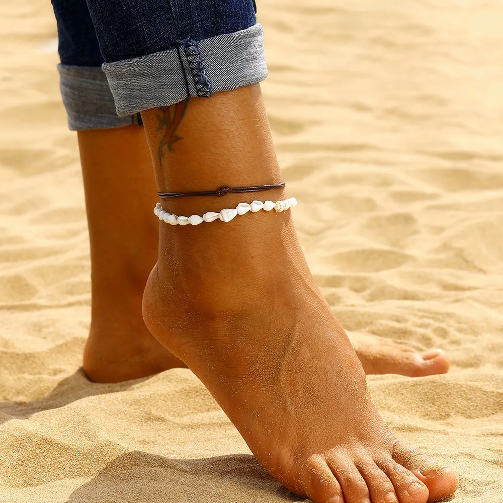 2 Pcs/ Set Anklets for Women Foot Jewelry Summer Beach Barefoot Bracelet Ankle on leg Female Leather Anklet Boho Leg Chain