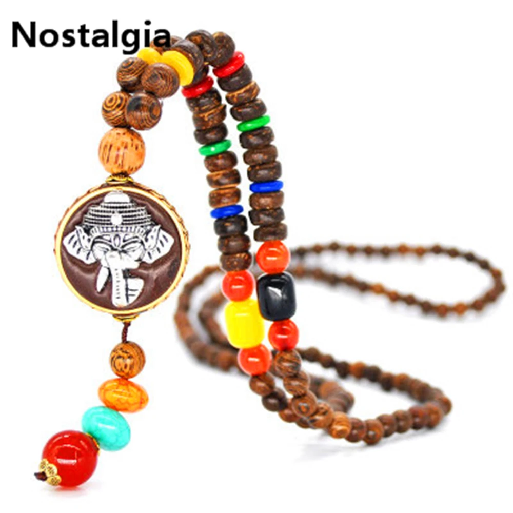 Fashion Handmade Nepal Jewelry Buddhist Mala Wood Beads Pendant Necklace Ethnic Horn Fish Long Statement Necklace For Women Men