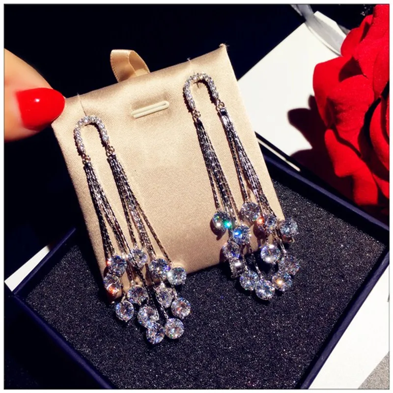 

925 Silver Needles Drop Earrings For Women Long Tassels White Cubic Zirconia Temperament Luxury Earring Creative Party Jewelry