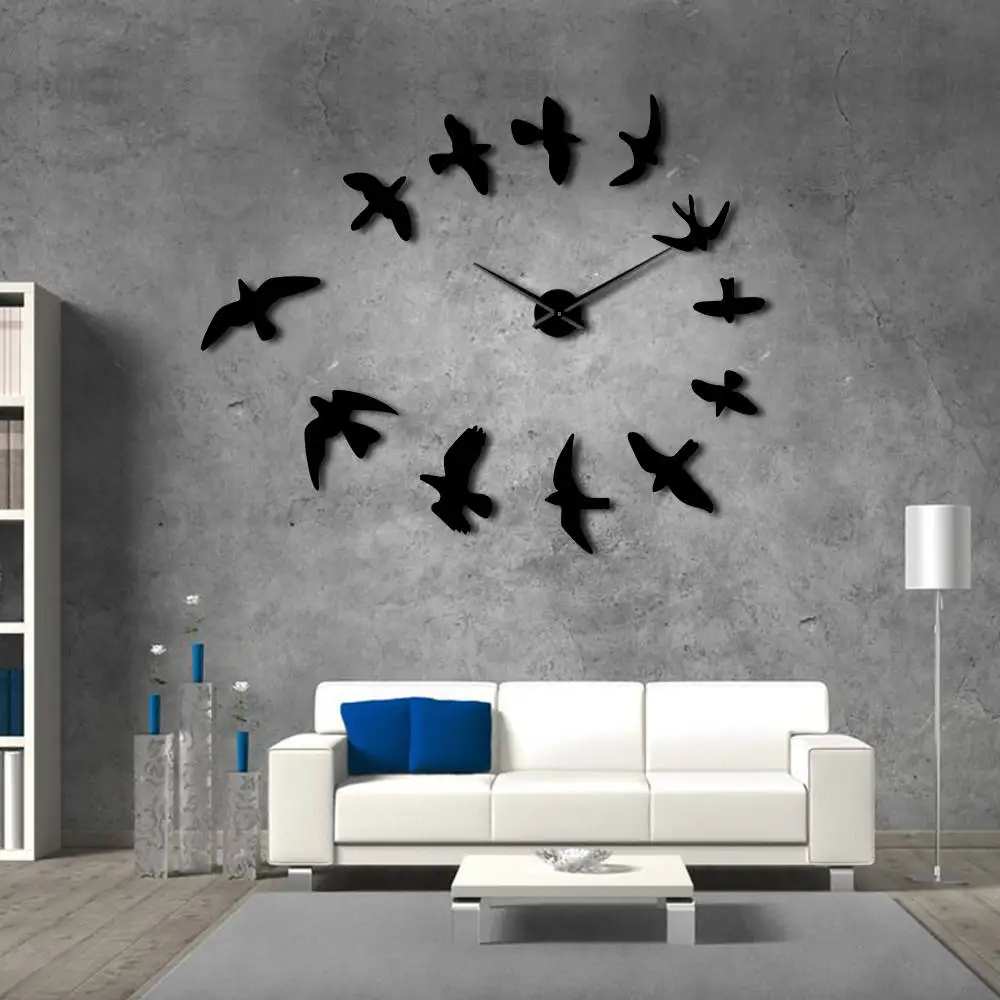 Frameless DIY Large Clock Wall Watch Nature Room Decor Mirror Decorative Flock of Flying Birds Modern Fashionable Design Luxury