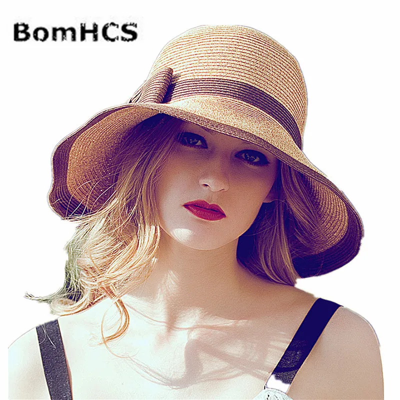 

BomHCS Womens Straw Sun Hat UPF50+ Wide Brim Floppy Hat Summer Beach Cap 17F-39MZ8