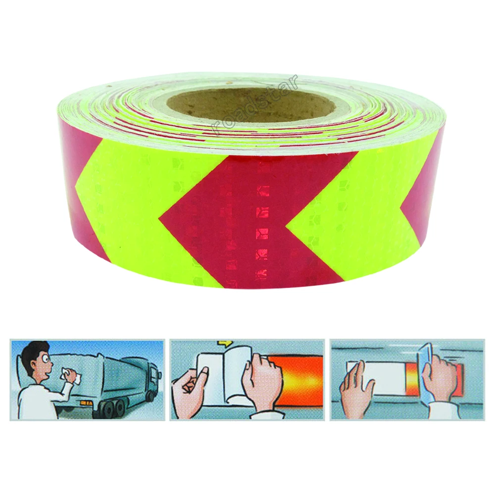 Roadstar-pegatinas reflectantes fluorescentes para bicicleta, cinta adhesiva con estampado de flecha, color amarillo y rojo, accesorios para bicicleta, 5cm x 5m