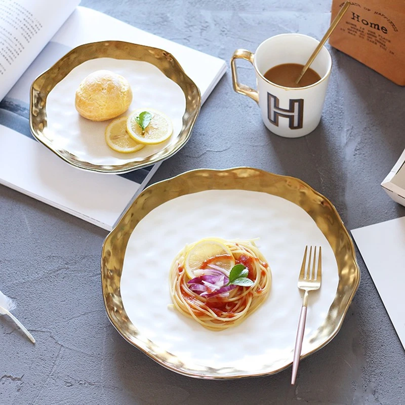 Ceramic White Steak Plate With Gold Edge Breakfast Tray Retro Bowl Dessert Pasta Dishes Western Food Container Ramen Bowl 1pcs
