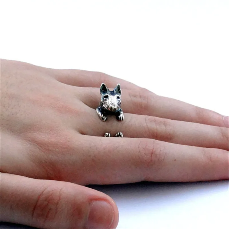 Vintage Bull Terrier Ring High Quality Brand Designer Sculpted Resting Black Men Animal Wrap Jewelry Women