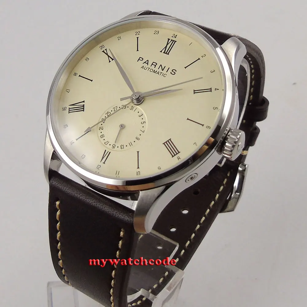 42mm Parnis 0ff-White Dial 24 Hours GMT Function ST 1690 Automatic Movement Mens Watch Relogio Masculino Glass Back