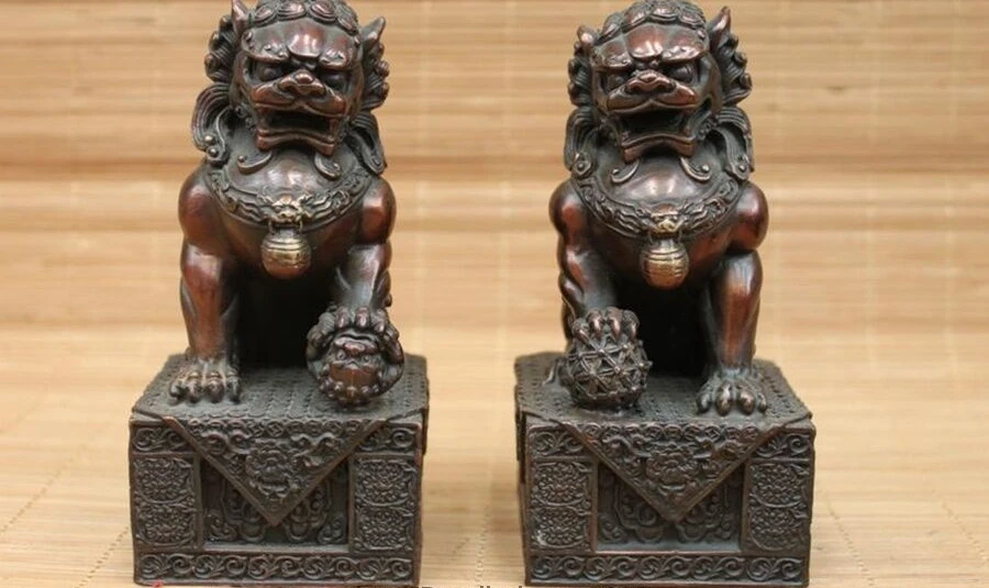 Chinese Feng Shui Red Bronze Palace Evil Door Bei Jing Fu Foo Dog Lion Pair