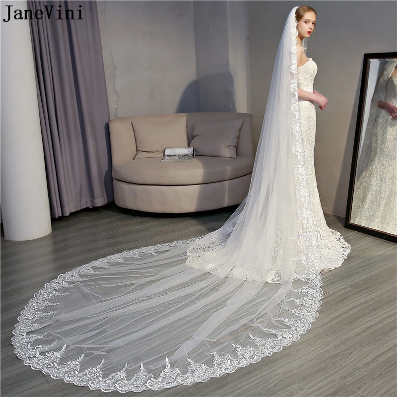 JaneVini 2019 Ngà Tulle Dài Cưới Nhà Thờ Mạng Che Mặt Duy Nhất Lớp Mạng Che Mặt với Comb Ren Appliques Cạnh Phụ Nữ Phụ Kiện Đám Cưới