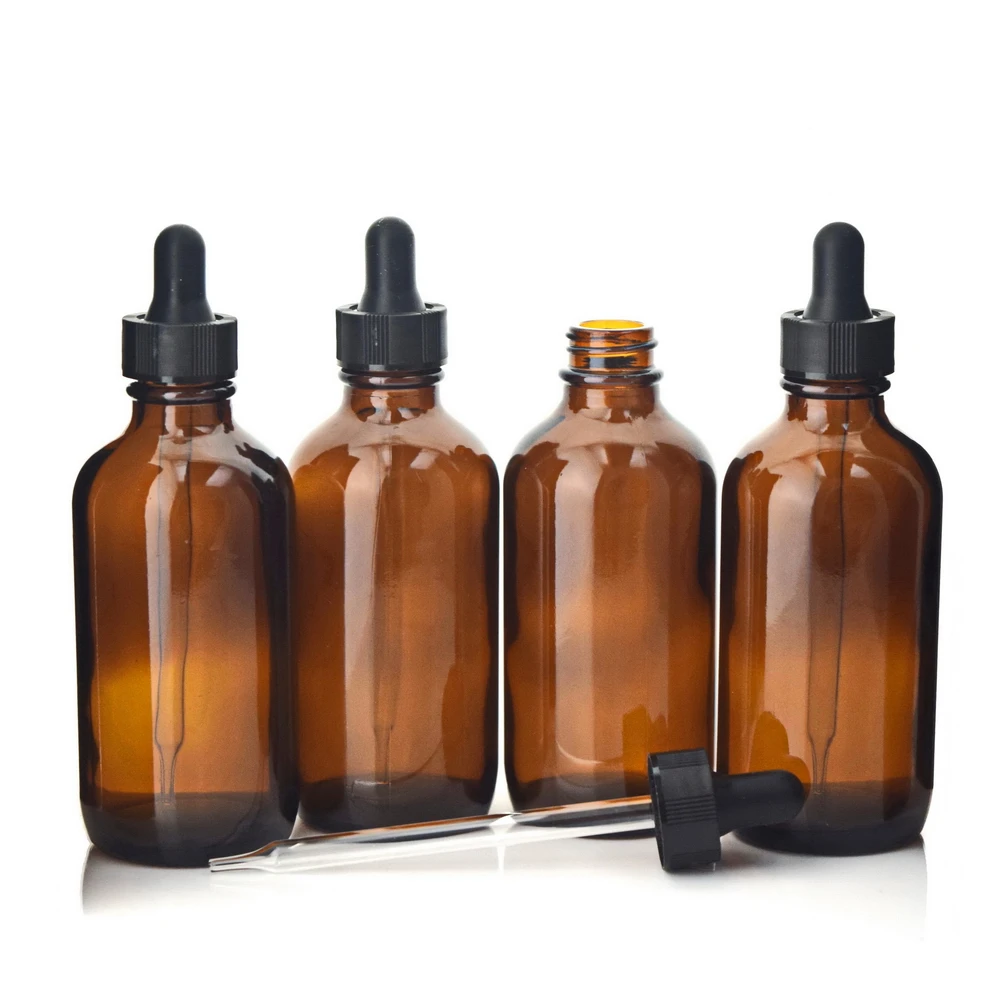 4 X 120ml New Empty 4 Oz Amber Glass Eye Dropper Bottles Boston Round with Pipettes for Essential Oil Aromatherapy Lab Chemicals