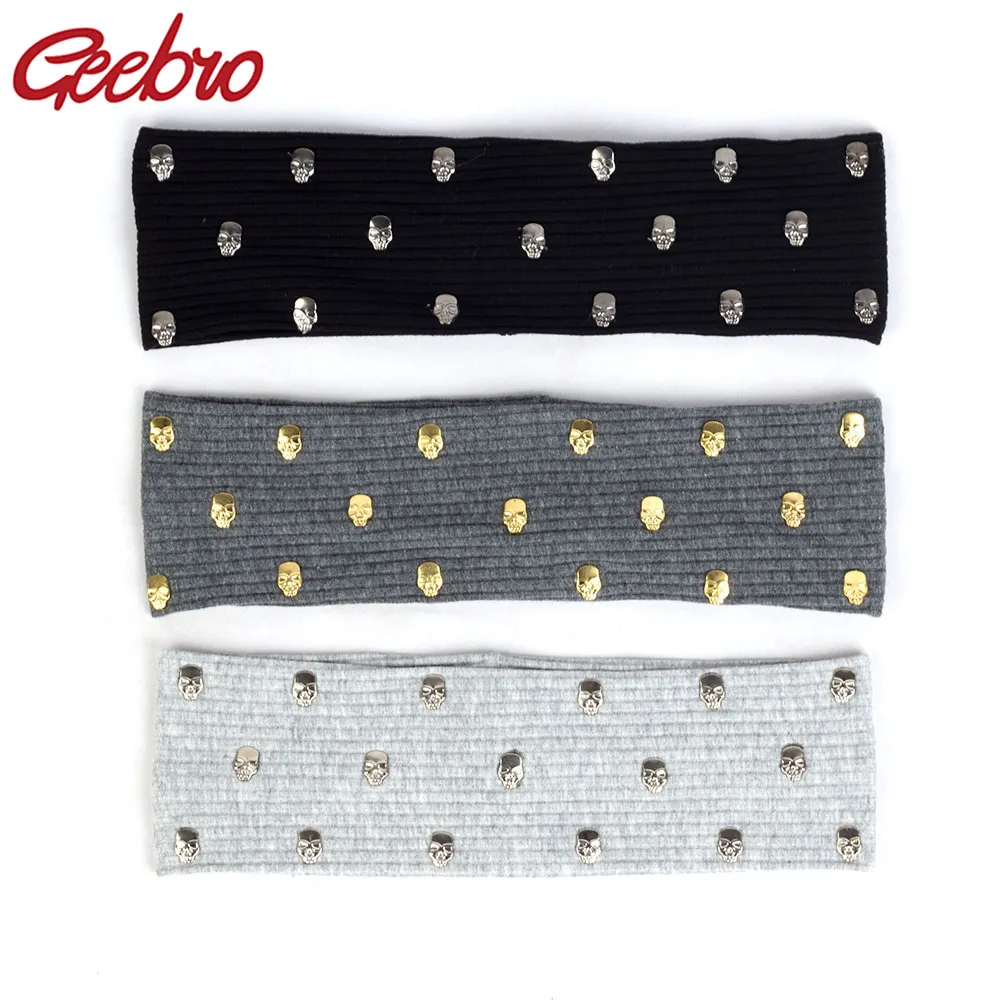 

Geebro Casual Women Shinny Gold Sliver Skull Headbands Heard wrap Ladies Black Elastic Cotton Hair Bands Accessories For Party