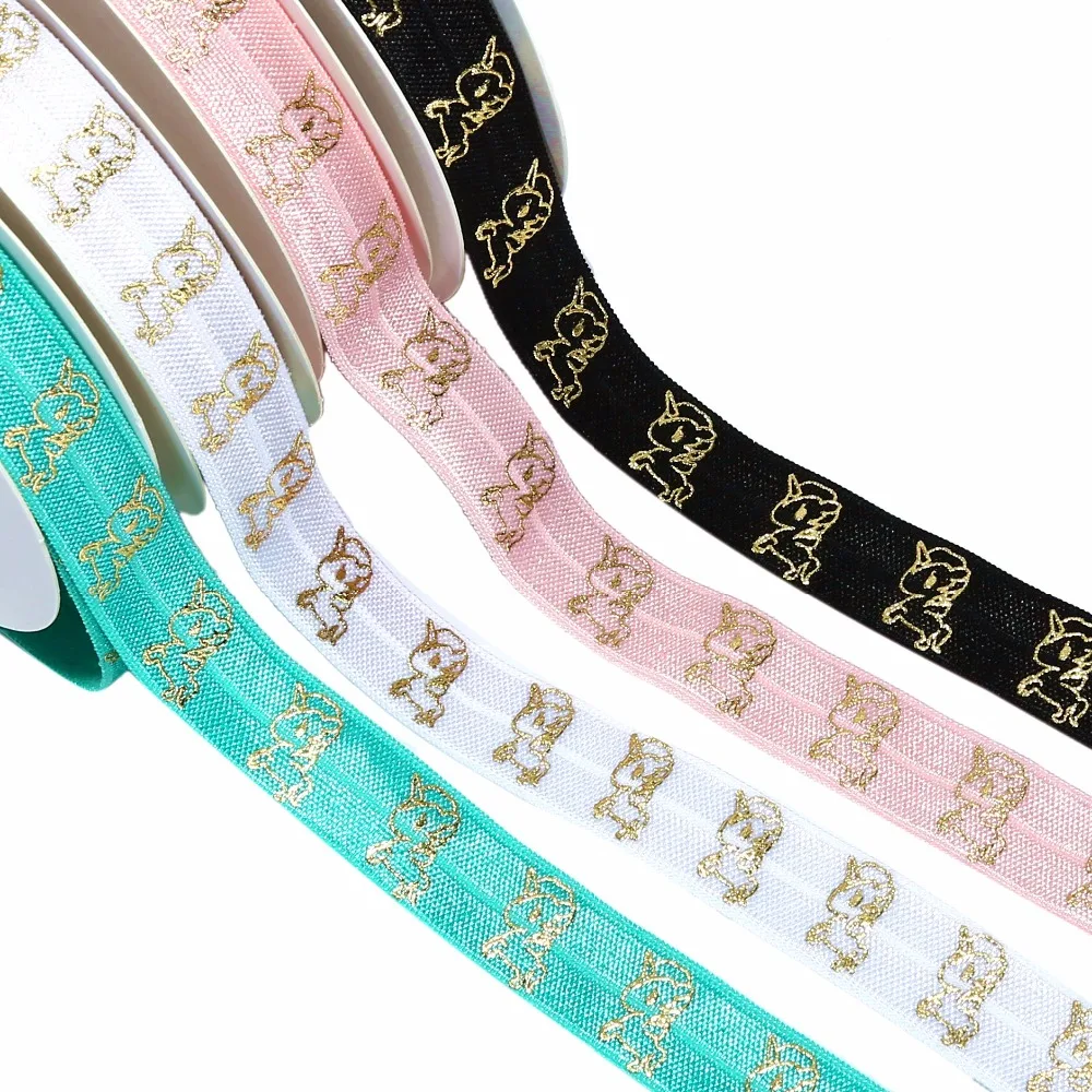 

5/8" gold foil cute Licorne unicorn FOE fold over elastic for FOE ties garment cloth accessories