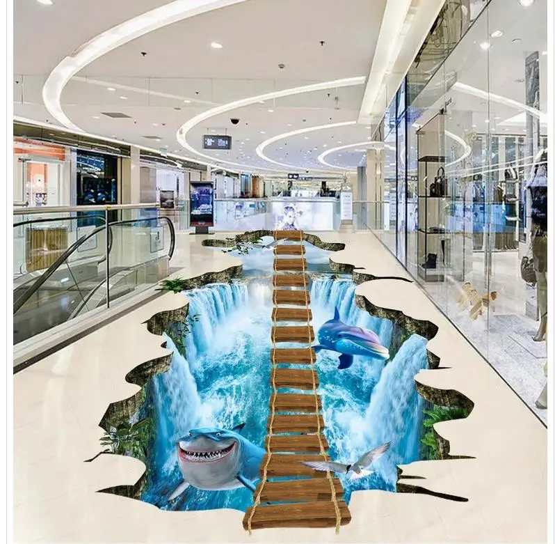 

3d flooring Waterfall Shark Bridge 3D Stereo Painting Flooring waterproof wallpaper for bathroom wall