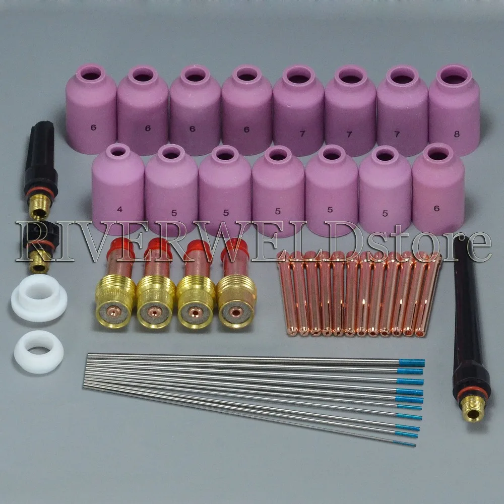 

TIG KIT Gas Lens Collet Body & Ceramic Nozzles & Back Cap Fit WP-17/18/26 TIG Welding Torch Consumables Accessories,46pk