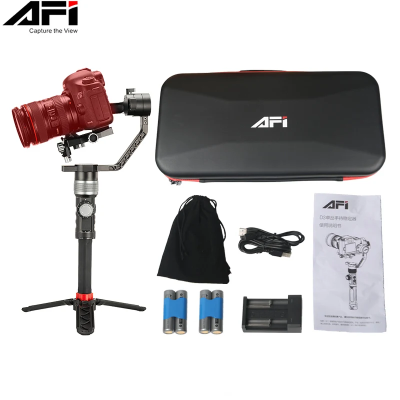 AFI D3 3-Axis Handheld Gimbal Stabilizer Handle Grip with Foldable Mini Tripod for DSLR Camera Sony/Canon with 3.2Kg Load