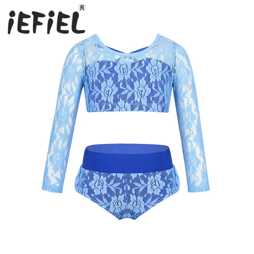 Kids Girls Floral Lace Gymnastics Ballet Crop Top with Dance Shorts Set Athletic Outfit Stage Performance Tank Top for Workout