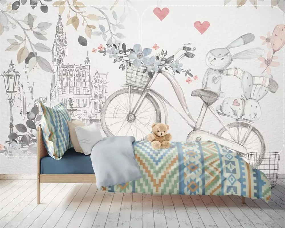 Custom wallpaper simple card can hand-painted cute animal bicycle love children's room background wall 3d wallpaper