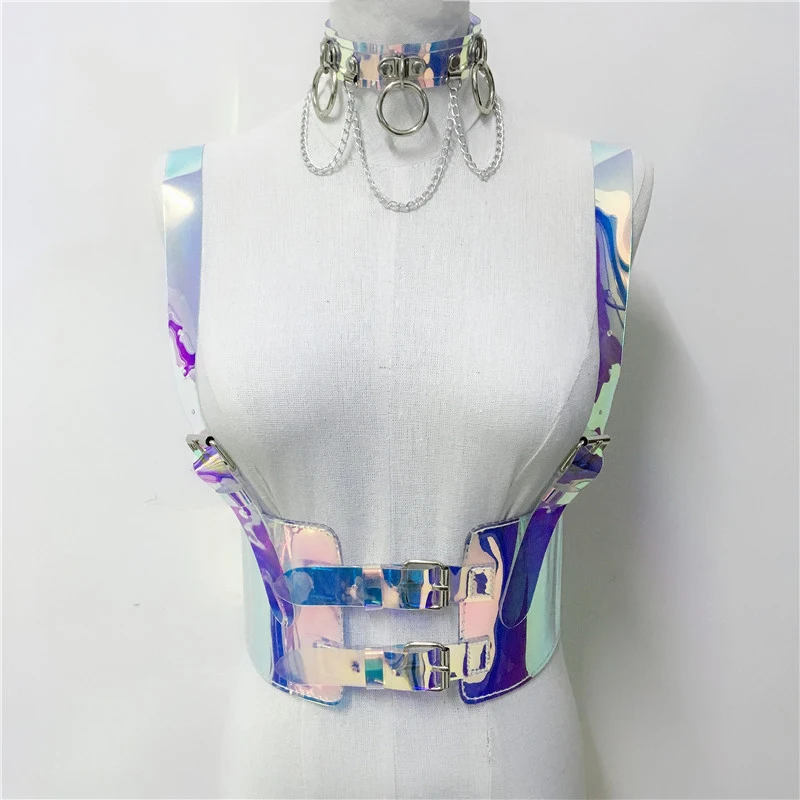 Goth Shiny Laser Transparent PVC Garter Belt Women Sexy Body Cage Harness Belts Crystal Holographic Straps Waist Sculpting Belts