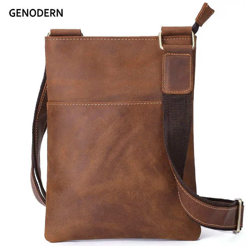 GENODERN Cowhide Men Messenger Bag Vintage Crazy Horse Leather Crossbody Bag for Men Luxury Small Shoulder Bag for Male